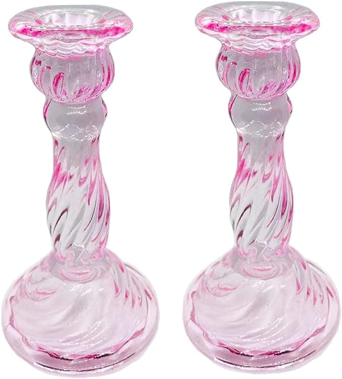 Pink Glass Candle Holder Set