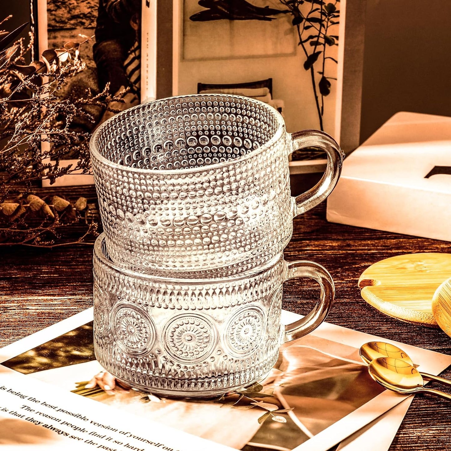 Glass Coffee Mugs Set of 2 w/spoons