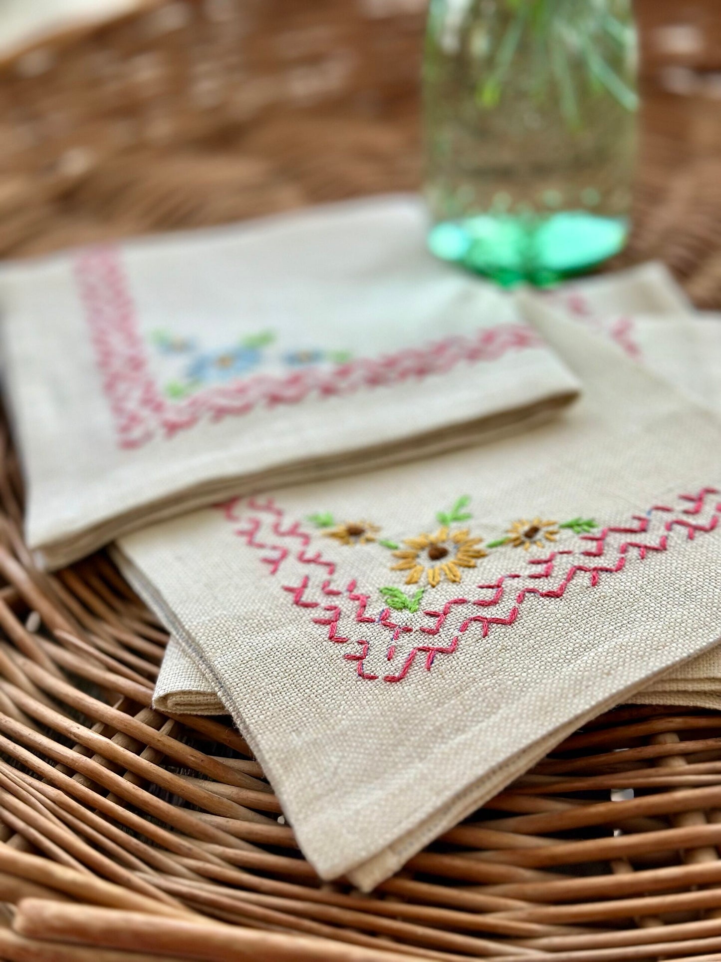 Vintage Linen 10" Hand Embroidered Napkins