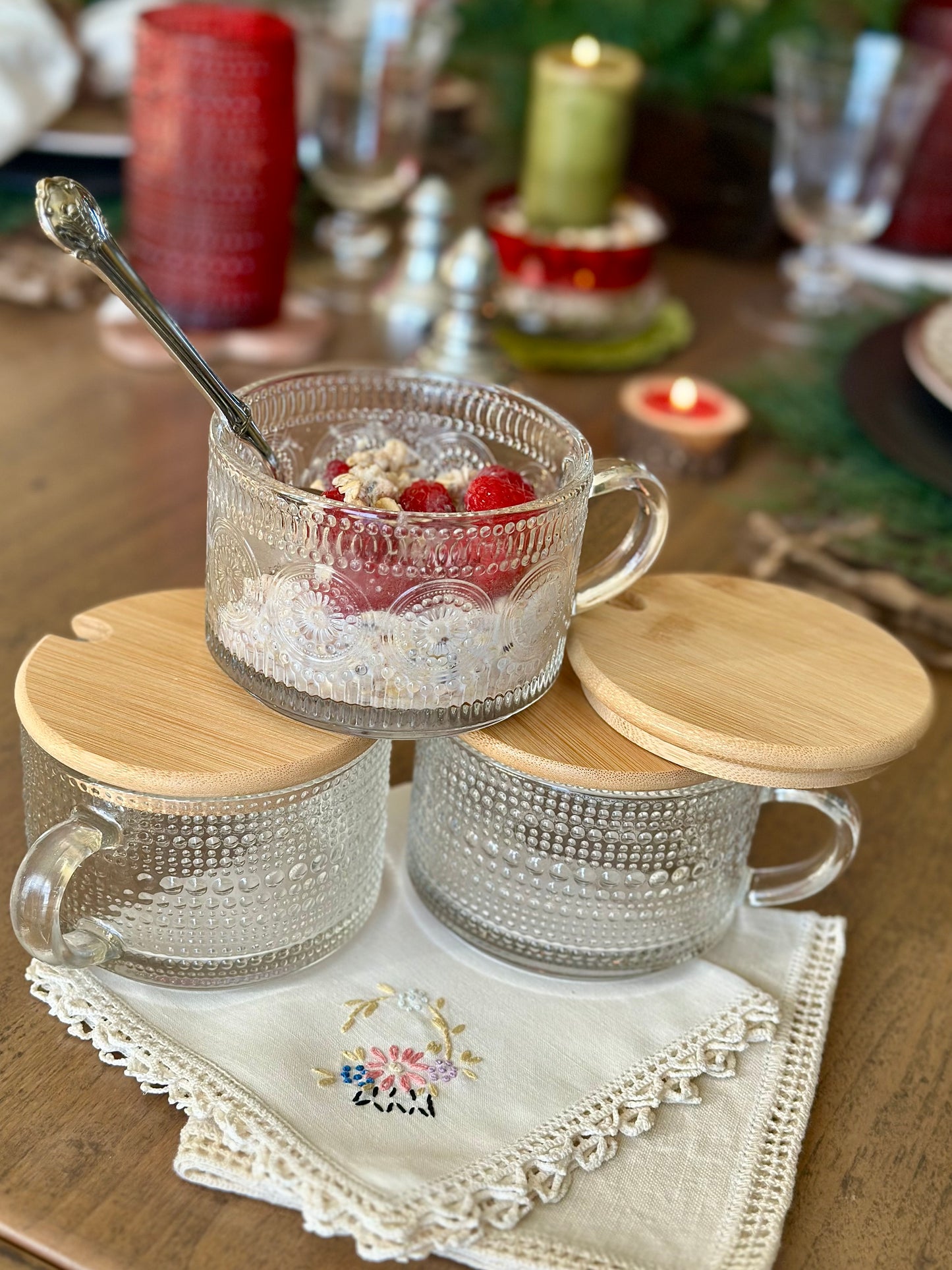 Embossed Glass Mugs, Lids & Spoons (4)