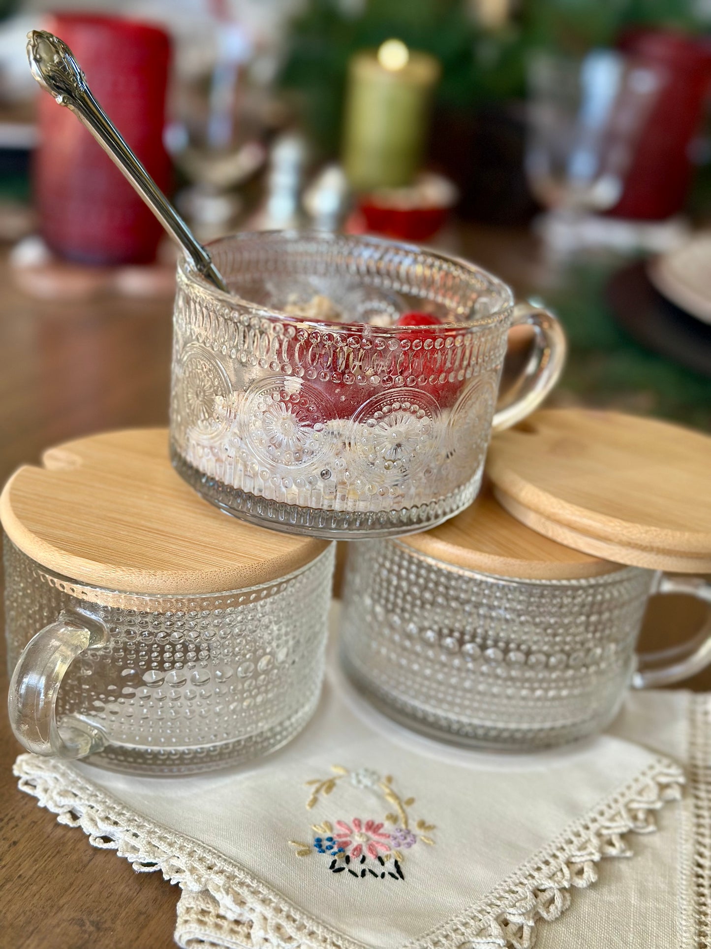 Embossed Glass Mugs, Lids & Spoons (4)