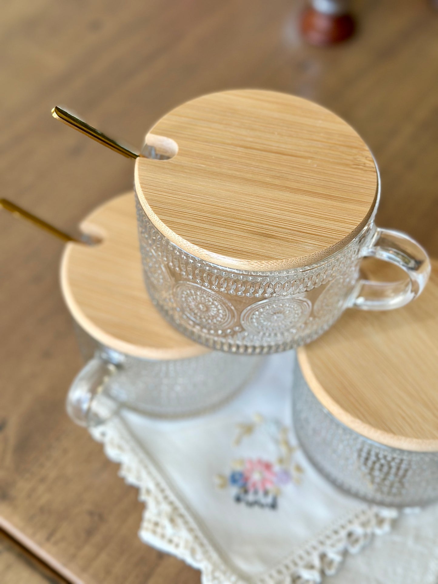 Embossed Glass Mugs, Lids & Spoons (4)